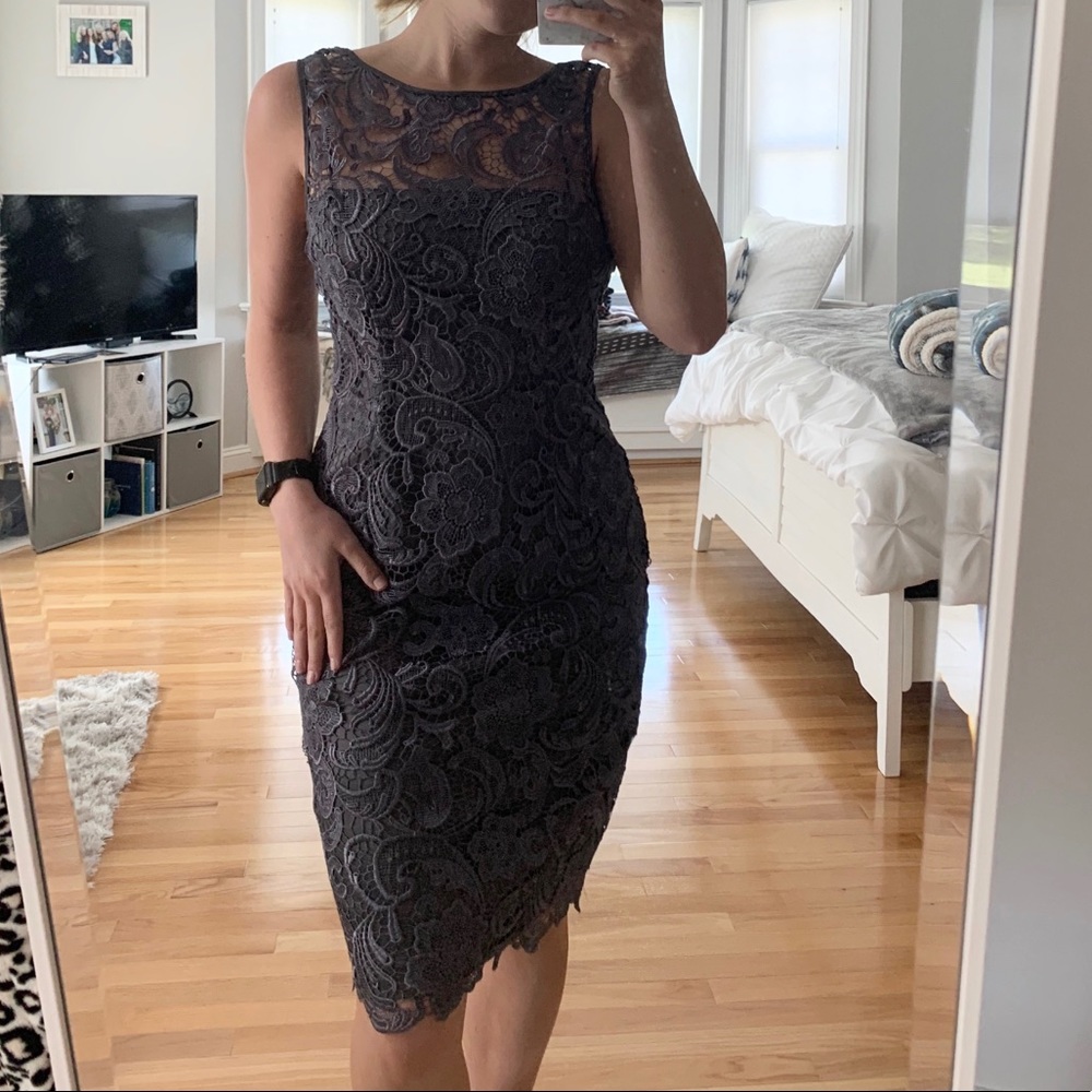 Adrianna Papell Charcoal Gray Lace Dress